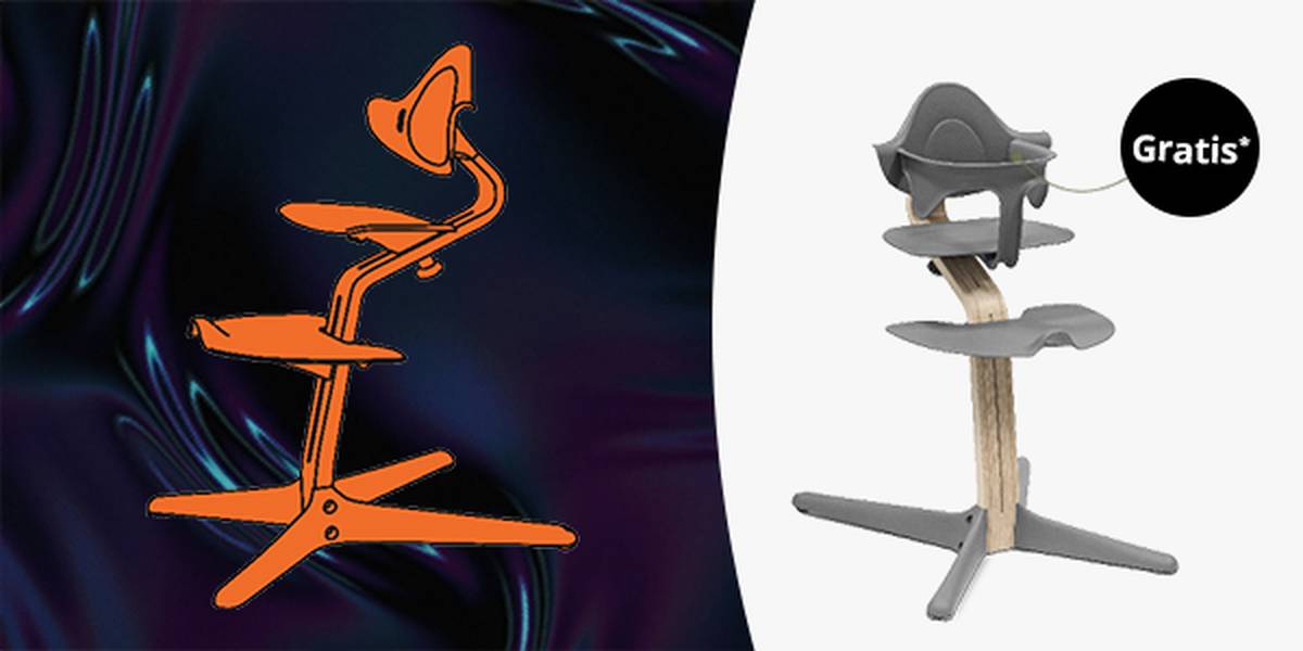 Zwei Hochstühle: einer orange mit futuristischem Design auf dunklem Hintergrund, der andere grau mit Holzapplikationen auf weißem Hintergrund, gekennzeichnet mit „Gratis“.