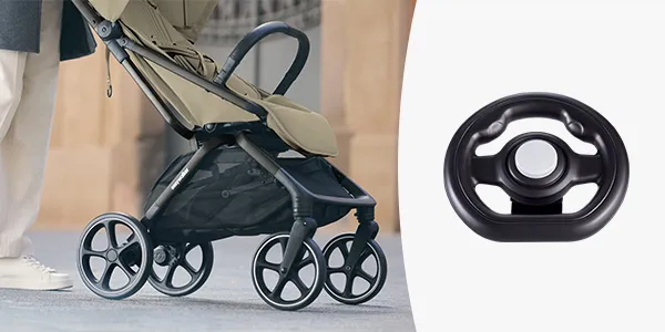 Nahaufnahme eines beigen Kinderwagens mit sichtbaren Rädern, daneben ein Bild eines einzelnen Radbauteils auf weißem Hintergrund.