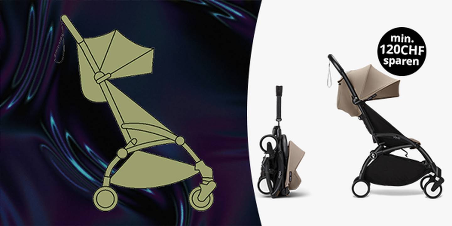 Zusammenklappbarer beigefarbener Kinderwagen mit schwarzem Gestell, zusammengeklappt und auseinandergeklappt, vor einem dunklen Hintergrund. Text: „Mindestens 120 CHF sparen.“