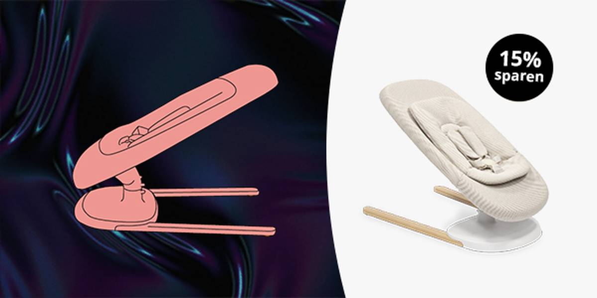 Illustration einer Babywippe neben einer echten Wippe auf dunklem Hintergrund, mit einem „15% sparen“-Etikett auf der rechten Seite.