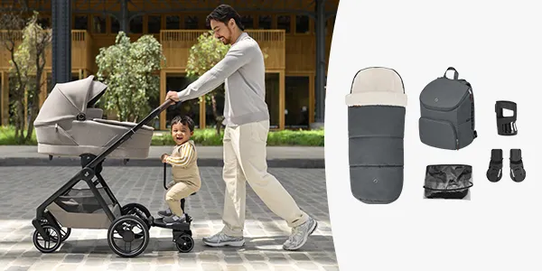 Ein Mann schiebt einen Kinderwagen mit seinem Kind. In der Nähe befinden sich Accessoires: ein Fußsack, ein Rucksack, ein Getränkehalter und Adapter, alles vor weißem Hintergrund.