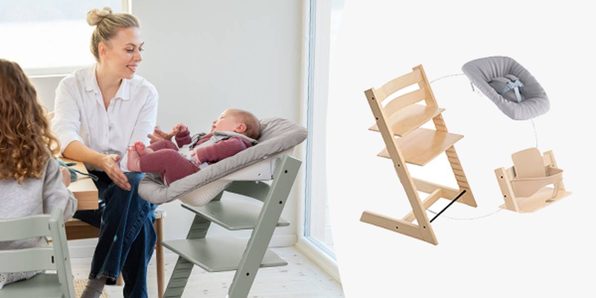 Eine Frau sitzt mit einem Baby in einem Hochstuhl an einem Tisch, rechts ist ein ausziehbarer Hochstuhl zu sehen.
