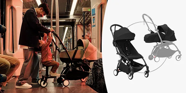 Ein Elternteil mit einem Kinderwagen in der U-Bahn neben einem Bild des zusammengeklappten und aufgebauten Kinderwagens vor weißem Hintergrund.