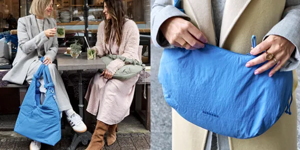 Zwei Frauen sitzen im Freien und halten schicke Taschen, eine blaue und eine grüne. Ein weiteres Bild zeigt eine Nahaufnahme der blauen Tasche.