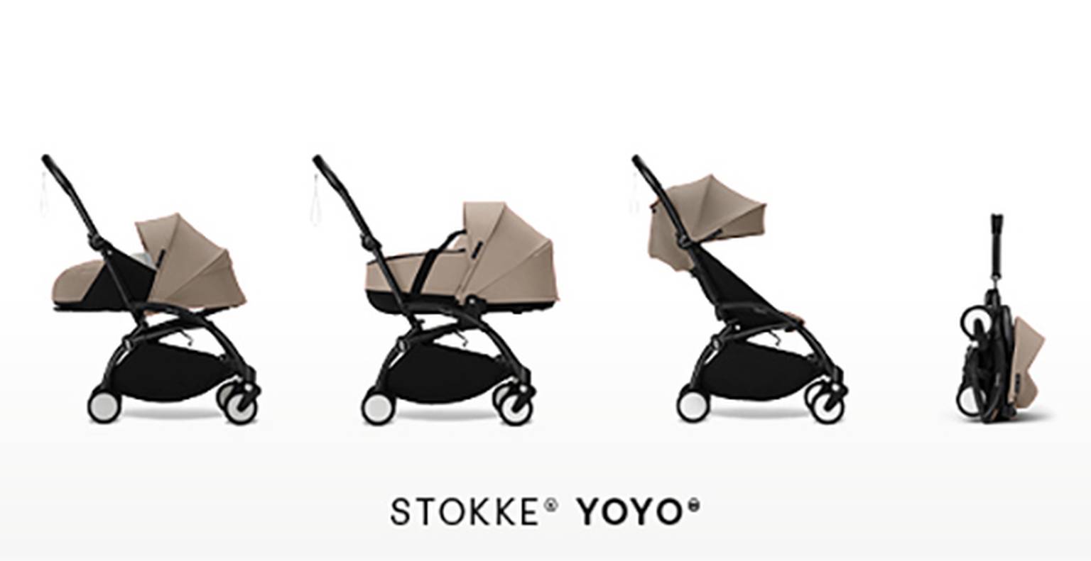 Vier Positionen eines beigen Stokke YOYO Kinderwagens: vollständig zurückgelehnt, halb zurückgelehnt, aufrecht und zusammengeklappt zur Aufbewahrung, vor weißem Hintergrund.