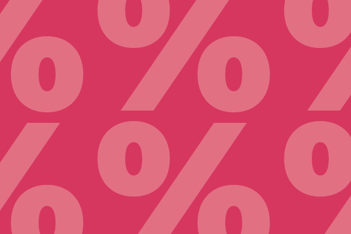 Roter Hintergrund mit großen, überlappenden rosa Prozentsymbolen, die diagonal über das Bild angeordnet sind.