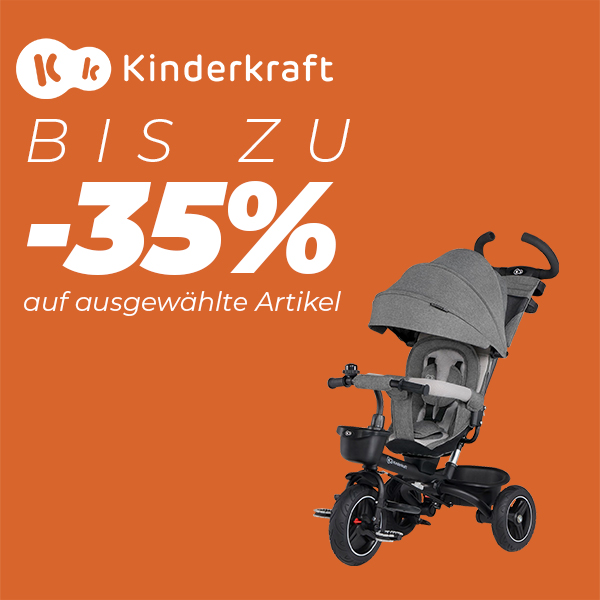 Kinderkraft-Aktion mit bis zu 35 % Rabatt auf ausgewählte Artikel, dargestellt durch unterschiedliche Kinderkraft-Artikel vor orangefarbenem Hintergrund.