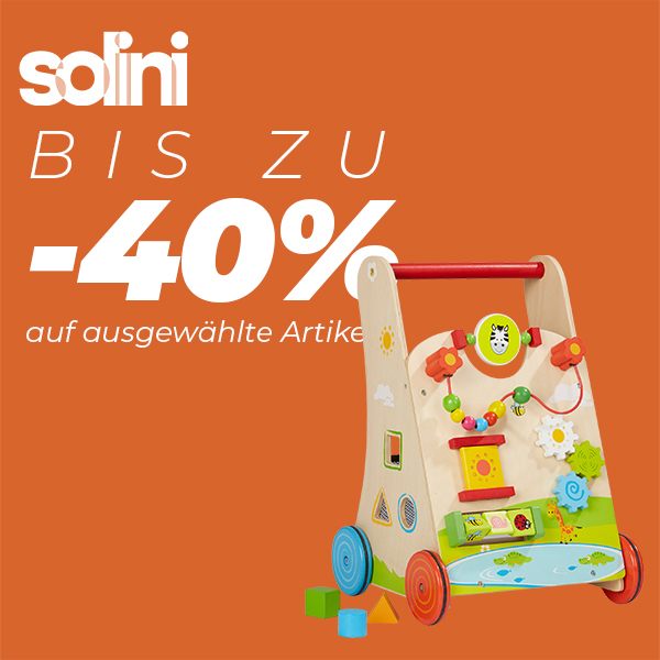 Orangefarbener Hintergrund mit einem Spielzeugwagen aus Holz und einem Text, der bis zu 40 % Rabatt auf ausgewählte Artikel von Solini verspricht.