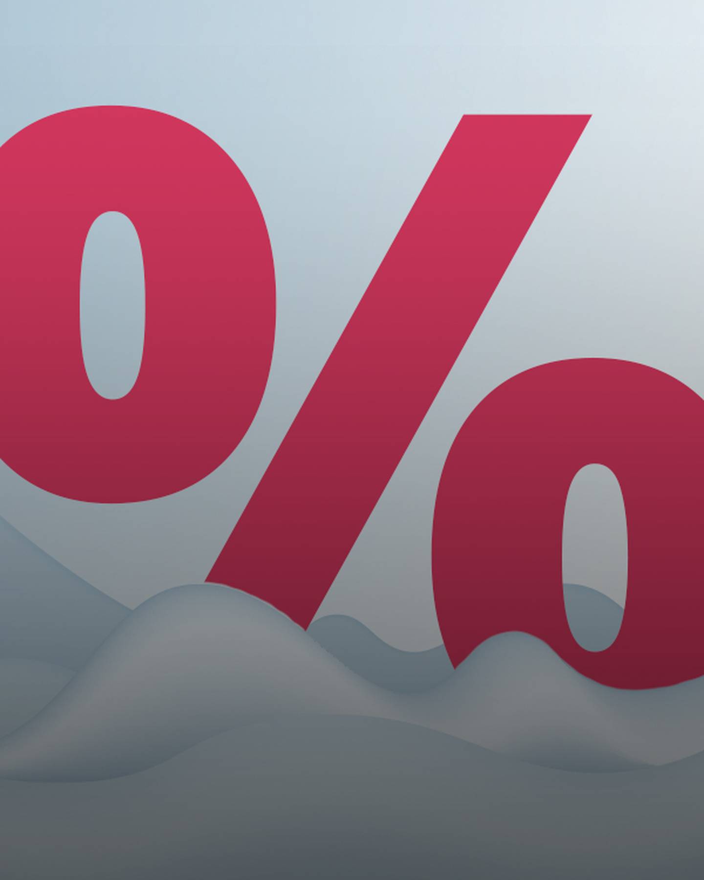 Ein kräftiges rotes Prozentzeichen taucht teilweise in sanft blaue, schneeweiße Wellen vor einem hellen Farbverlaufshintergrund ein.