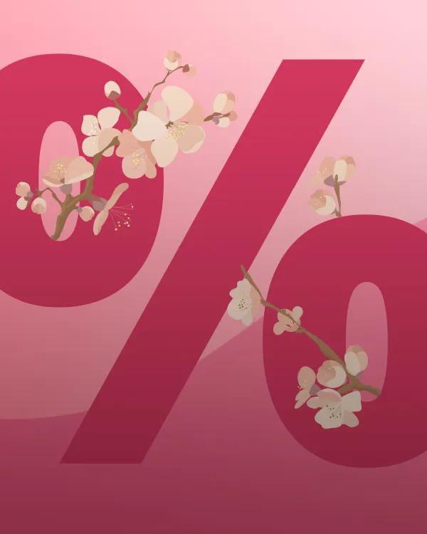 Rotes Prozentzeichen mit weißen Blüten auf rosa Farbverlaufshintergrund.