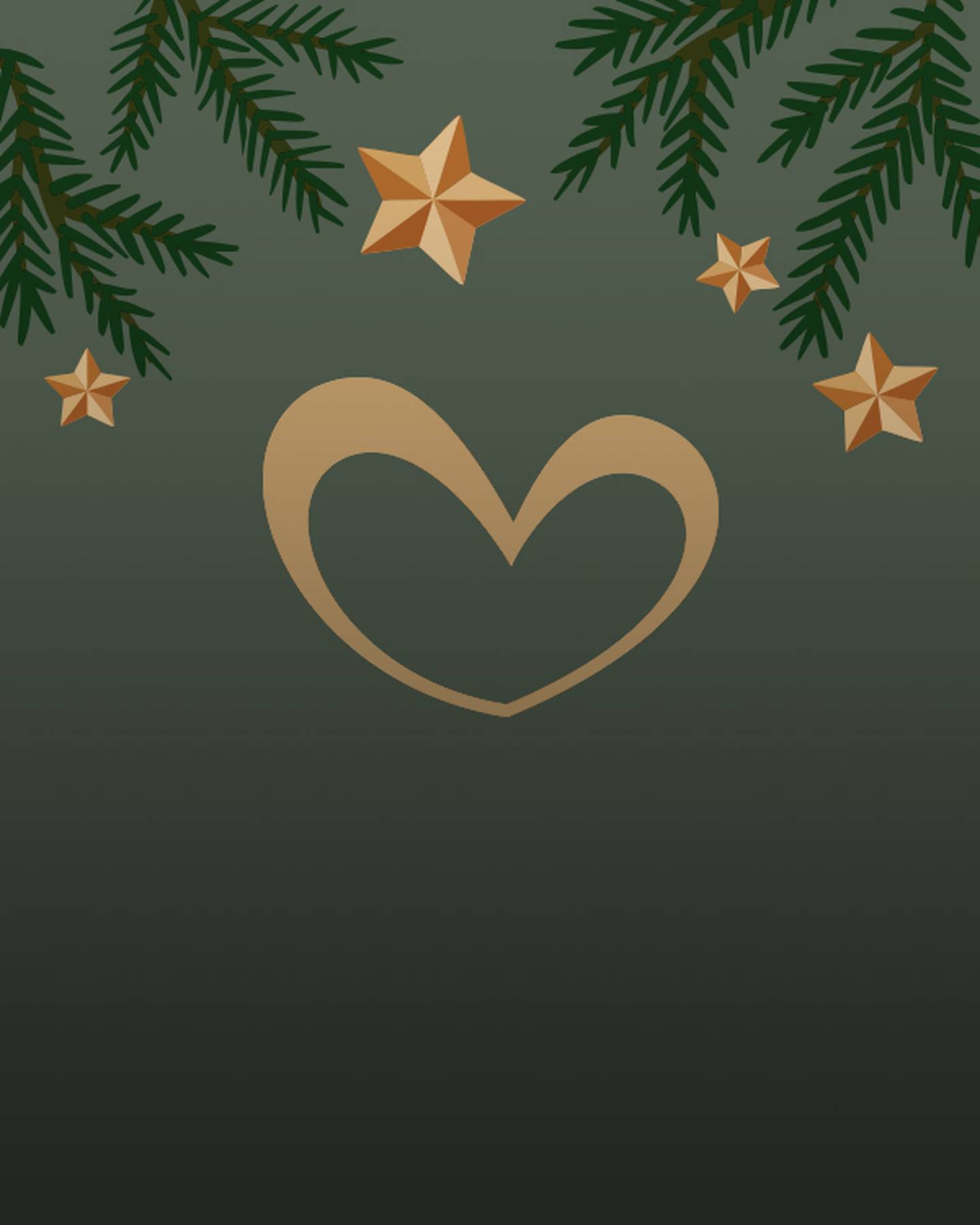 Goldenes Herz und Sterne auf dunkelgrünem Hintergrund mit Kiefernzweigen in den Ecken.