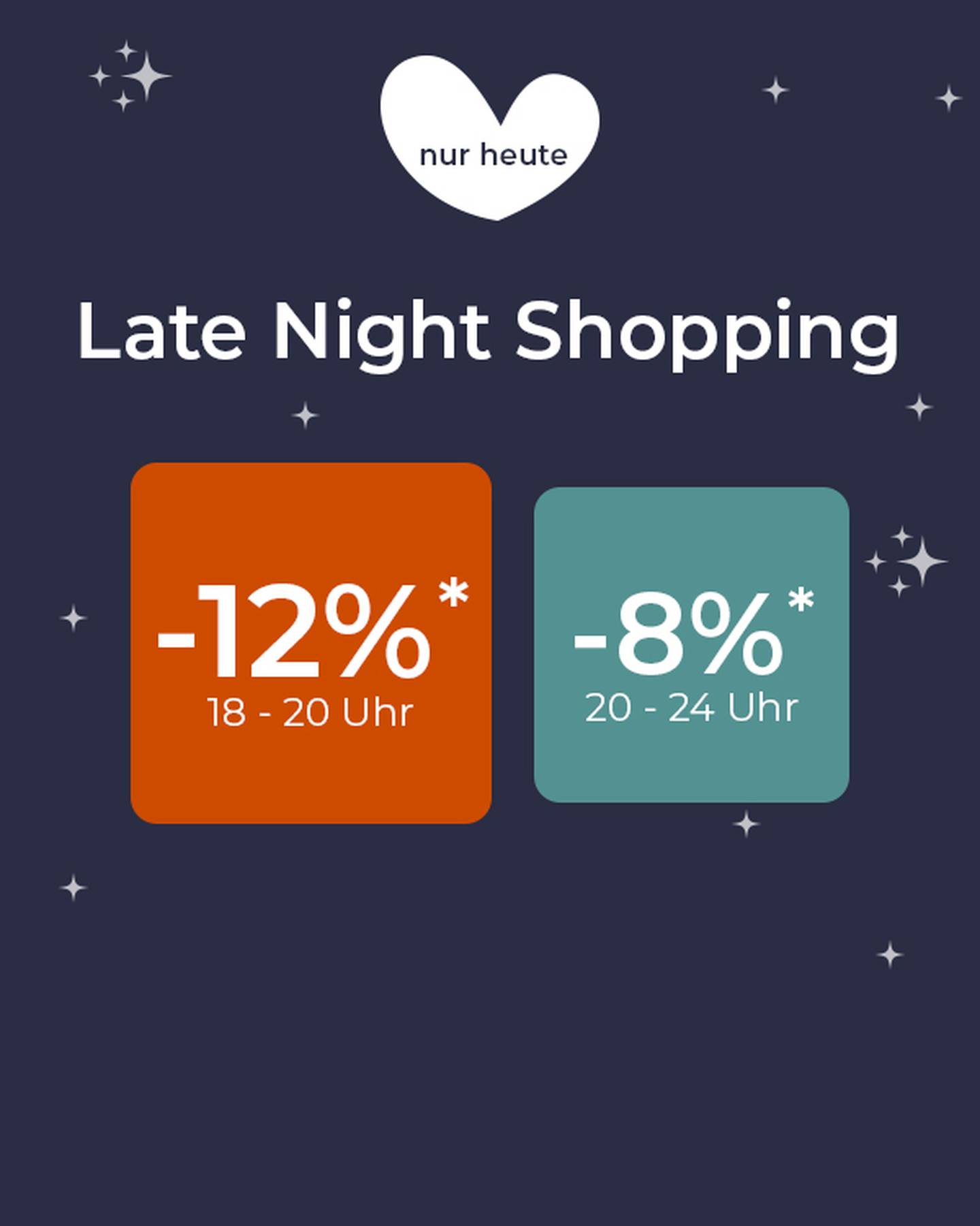 Werbegrafik für „Late Night Shopping“ mit Rabatten: -12% von 18-20 Uhr und -8% von 20-24 Uhr, auf dunklem Sternenhintergrund.