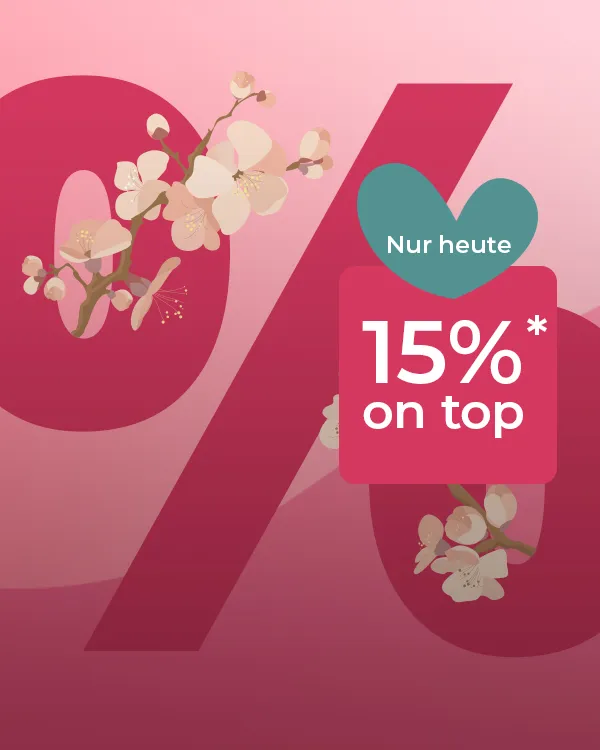 Großes rosa Prozentzeichen mit weißen Blumen, ein Quadrat mit der Aufschrift „15%“ darüber und ein Herz mit der Aufschrift „Nur heute“ auf rosa Hintergrund.