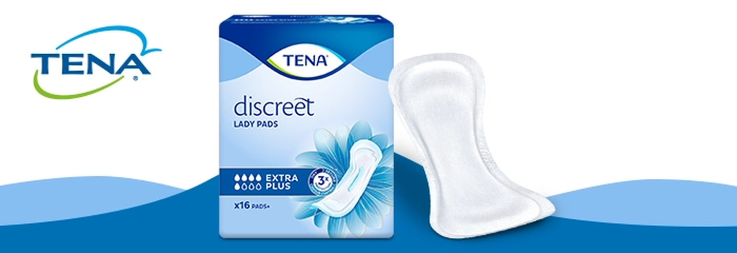Verpackung von TENA Discreet Lady Pads mit einem abgebildeten Tampon. Blau-weißes Design mit „Extra Plus“-Etikett, das eine Blumengrafik zeigt.