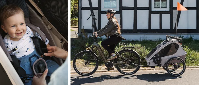 Ein Baby lächelt in einem Kinderwagen, während eine Person den Gurt schließt. Auf einem anderen Bild fährt eine Frau auf einer sonnigen Straße Fahrrad und zieht einen Kinderanhänger hinter sich her.