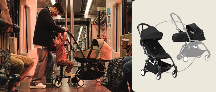 Eine Person kümmert sich in einer U-Bahn um ein Baby im Kinderwagen; rechts sind zwei Kinderwagen mit ihren Faltmechanismen abgebildet.