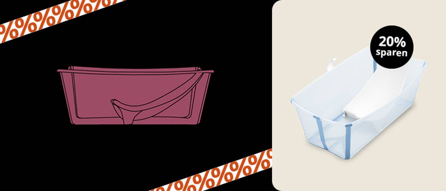 Illustration und Foto einer Babybadewanne mit abnehmbarem Sitz. Auf dem Foto ist ein „20% Sparen“-Aufkleber zu sehen. Der Hintergrund ist dunkel und glänzend.