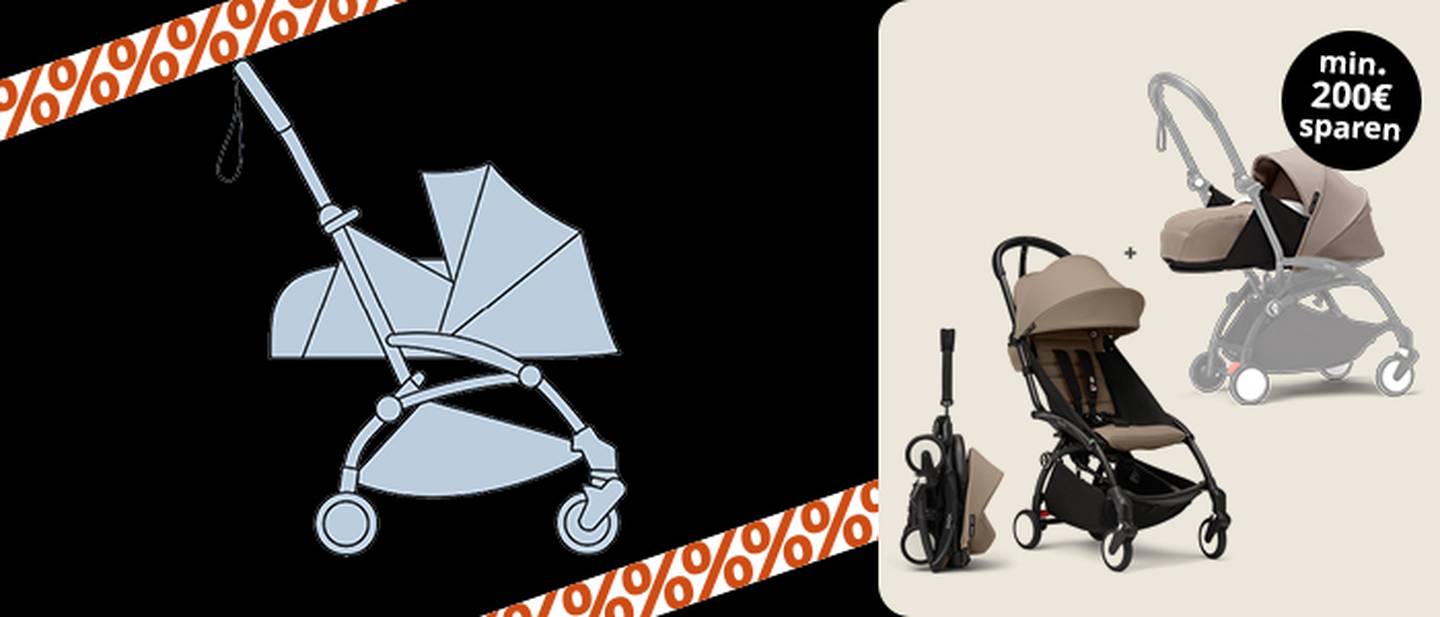 Abbildung eines Kinderwagens auf dunklem Hintergrund, daneben ein Foto eines faltbaren Kinderwagens mit integrierter Babyschale und dem Hinweis „min. 200 € sparen“.