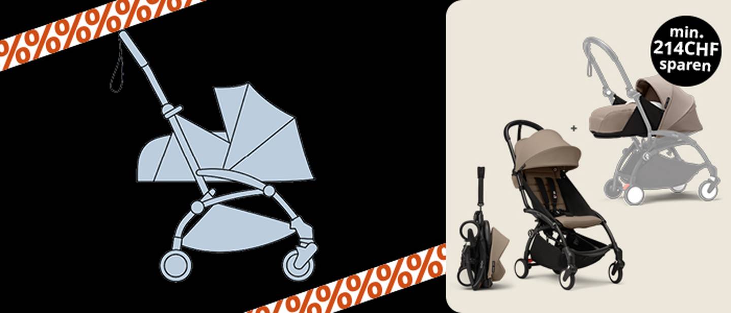 Abbildung eines Kinderwagens auf dunklem Hintergrund, daneben ein Foto eines faltbaren Kinderwagens mit integrierter Babyschale und dem Hinweis „min. 214CHF sparen“.