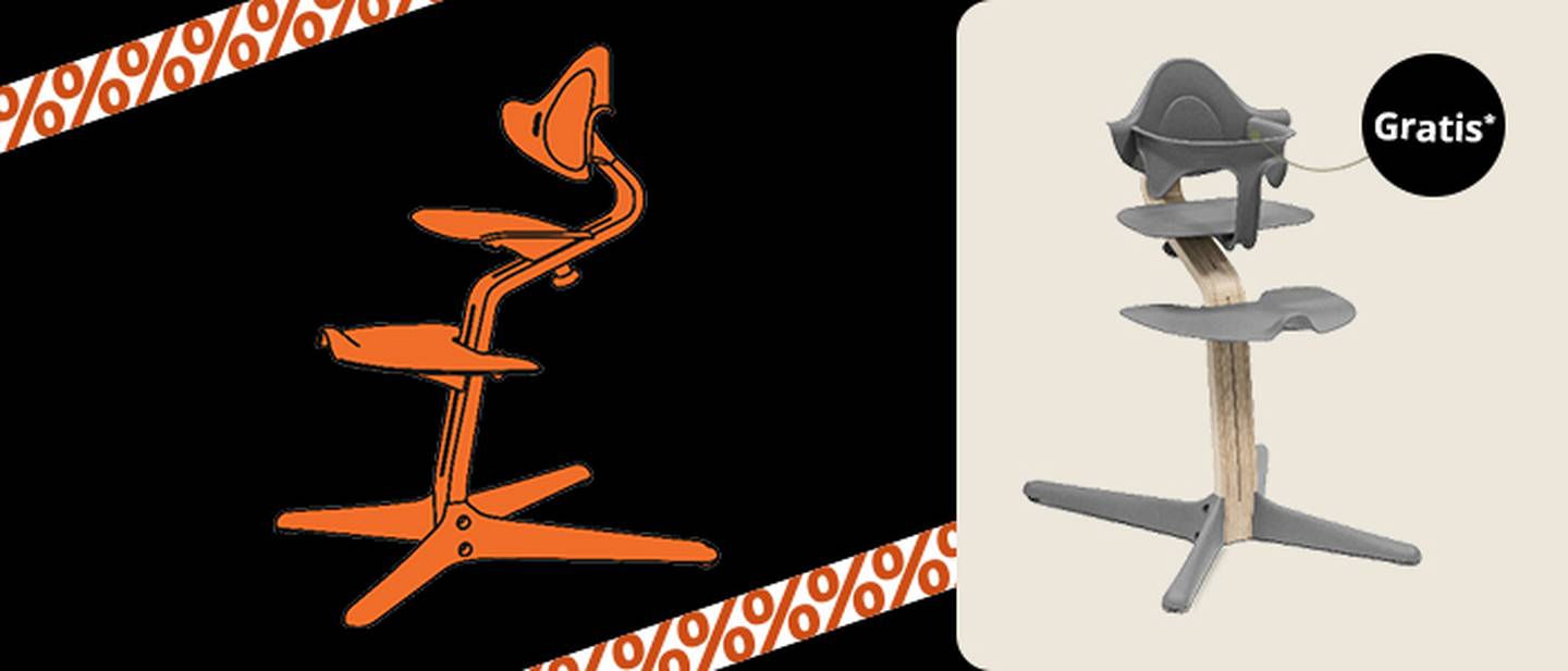 Zwei Hochstühle: einer orange mit futuristischem Design auf dunklem Hintergrund, der andere grau mit Holzapplikationen auf weißem Hintergrund, gekennzeichnet mit „Gratis“.