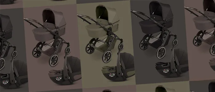 Mehrere Kinderwagen mit Liegewannenaufsätzen in verschiedenen Braun- und Grüntönen sind in einem Rastermuster angeordnet.