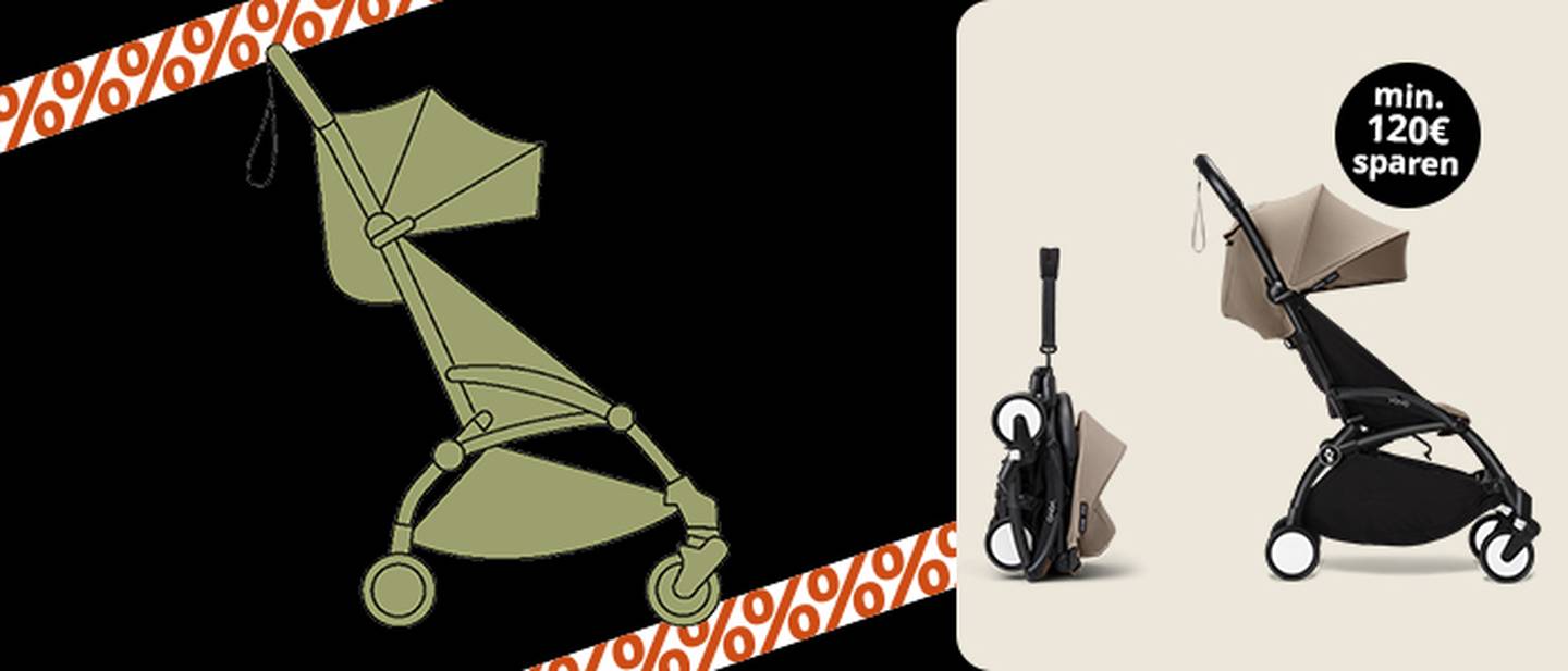 Zusammenklappbarer beigefarbener Kinderwagen mit schwarzem Gestell, zusammengeklappt und auseinandergeklappt, vor einem dunklen Hintergrund. Text: „Mindestens 120 € sparen.“