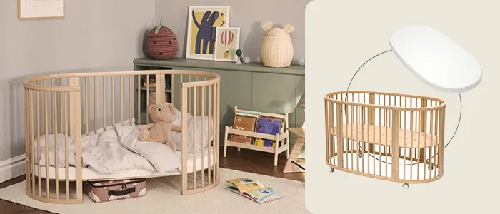 Stilvolles ovales Kinderbett aus Holz in einem gemütlichen Kinderzimmer mit Spielzeug und Möbeln, begleitet von einer Illustration, die die Platzierung einer Matratze zeigt.