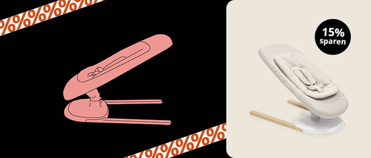 Illustration einer Babywippe neben einer echten Wippe auf dunklem Hintergrund, mit einem „15% sparen“-Etikett auf der rechten Seite.