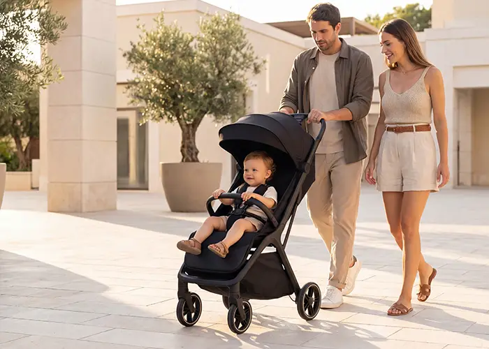 Ein Paar spaziert im Freien und schiebt einen Kleinkind in einem schwarzen Kinderwagen unter strahlend blauem Himmel. Die Szene wirkt ruhig und modern, in der Nähe steht ein großer Topfbaum.