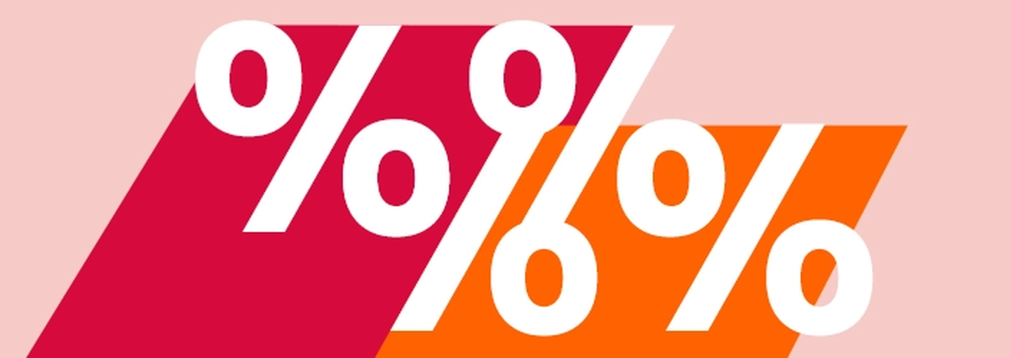 Rote und orangefarbene diagonale Streifen mit großen weißen Prozentzeichen auf rosa Hintergrund.