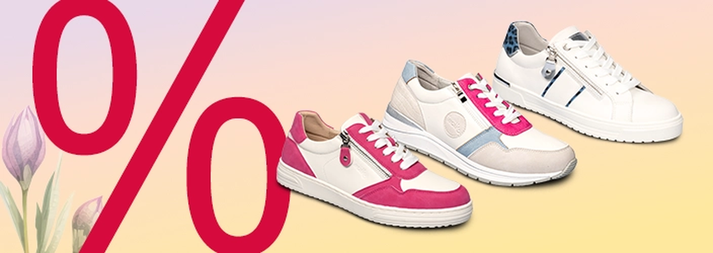 Drei lässige Sneakers in Rosa und Weiß auf pastellfarbenem Hintergrund mit einem roten Prozentzeichen und Tulpen auf der linken Seite.