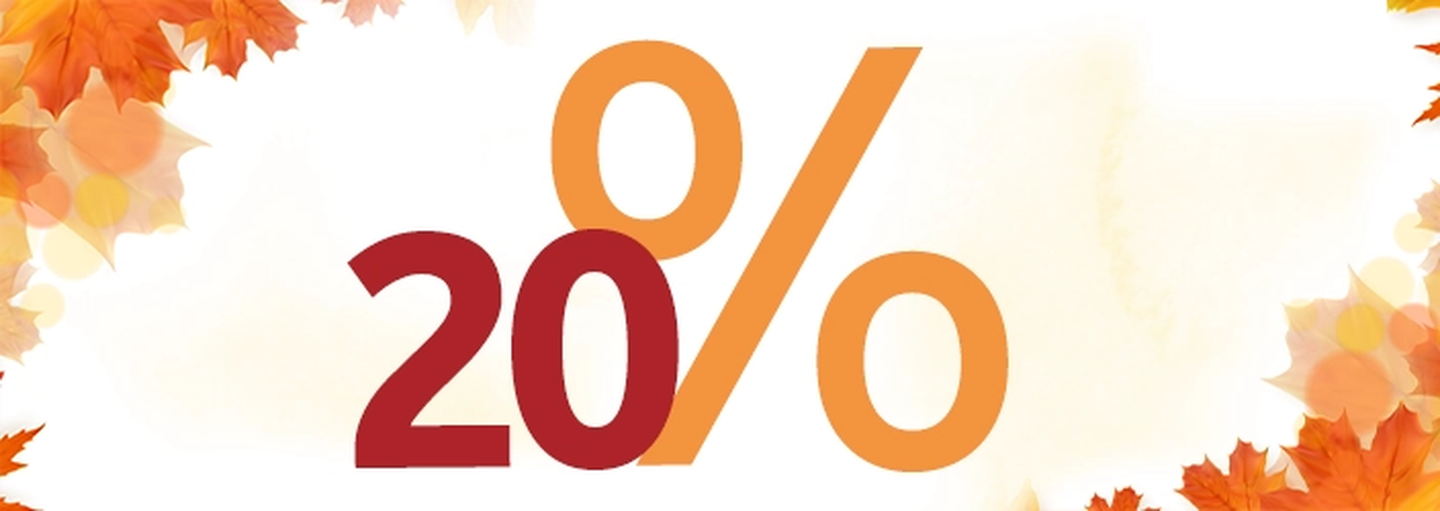 Herbstliches Design mit „20 %” in Fettschrift, umgeben von bunten Herbstblättern auf weißem Hintergrund.