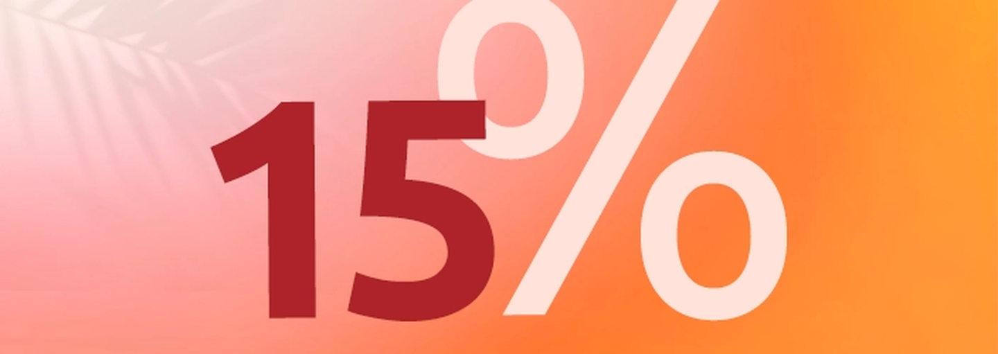 Große rote „15 %“ auf einem Hintergrund mit rosa und orangefarbenem Farbverlauf und schwachen Blattmustern.