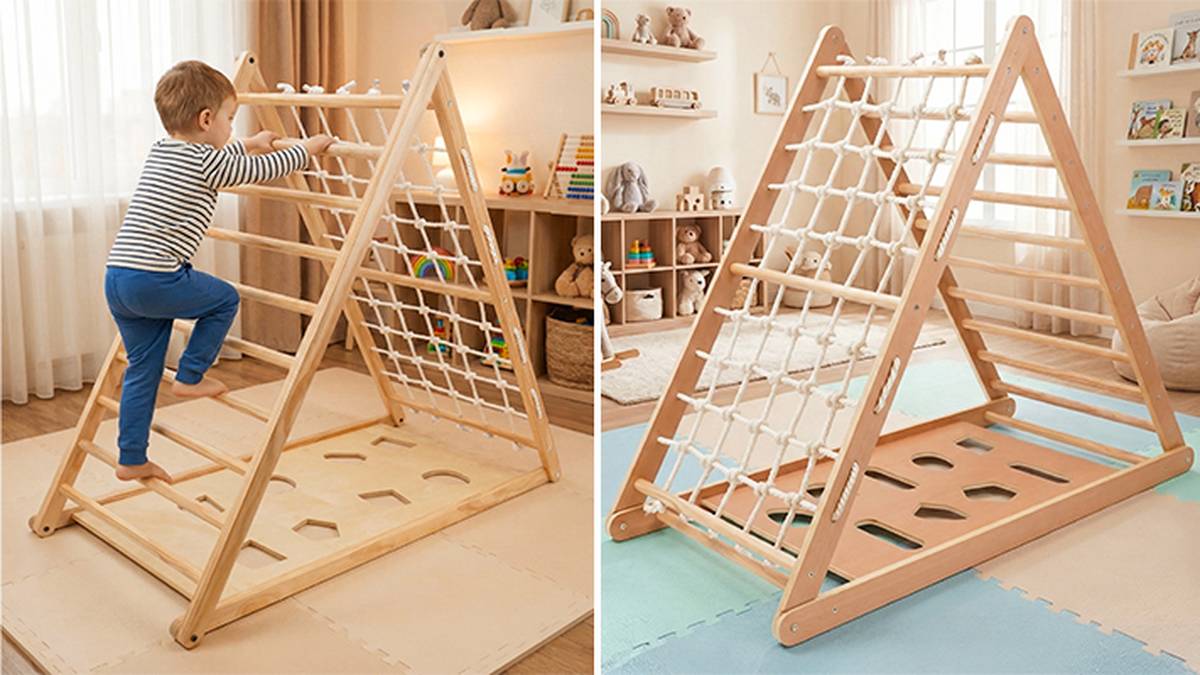Ein Kind klettert in einem gemütlichen, mit Spielzeug gefüllten Spielzimmer auf ein hölzernes dreieckiges Spielgerüst mit Netz an der Seite.