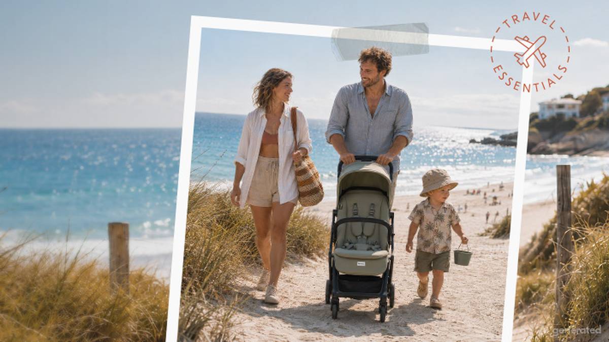 Ein Paar mit Kind und Kinderwagen spazieren am Strand