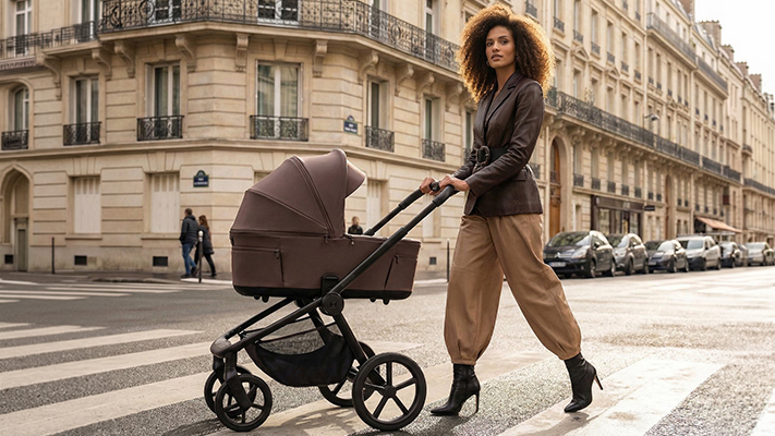 Eine Frau in stilvoller Kleidung schiebt einen Kinderwagen über eine Straße in der Stadt; im Hintergrund sind elegante klassische Gebäude sowie geparkte Autos zu sehen.