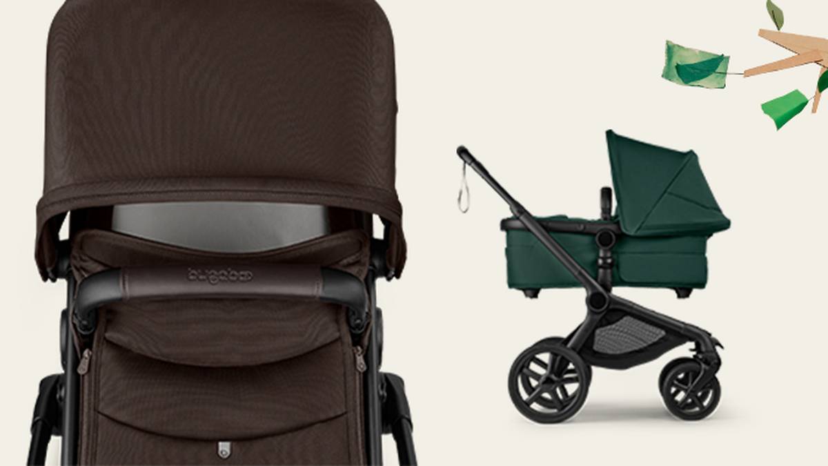 Nahaufnahme von zwei Kinderwagen: einer braun von vorne, einer grün von der Seite, darüber abstrakte grüne Formen.