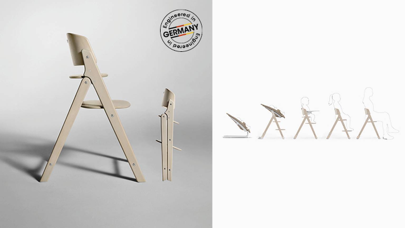 Verstellbarer Hochstuhl aus Holz mit dem Label „Engineered in Germany“, abgebildet in verschiedenen Konfigurationen für unterschiedliche Altersstufen vor weißem Hintergrund.