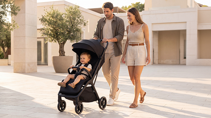 Ein Paar spaziert an einem sonnigen Tag mit einem Kleinkind im Kinderwagen. Die Frau lächelt, während der Mann den Kinderwagen auf einem gefliesten Weg schiebt.