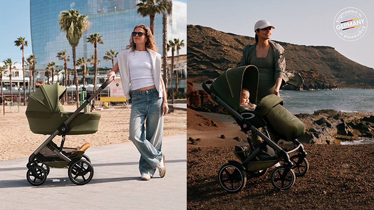 Zwei Bilder zeigen Frauen, die grüne Kinderwagen im Freien schieben; eines auf einem Strandweg in der Stadt, das andere in einer felsigen Küstenlandschaft.