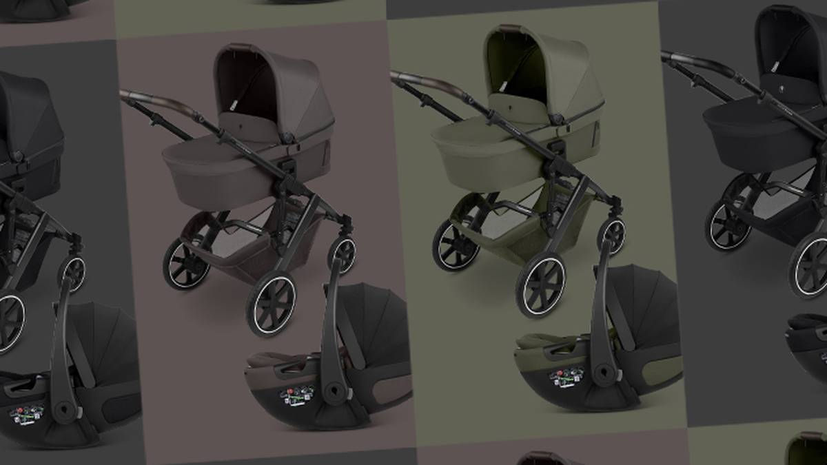 Mehrere moderne Kinderwagen in verschiedenen Grün- und Brauntönen sind in einem Rastermuster angeordnet. Jeder Kinderwagen verfügt über eine abnehmbare Babyschale.