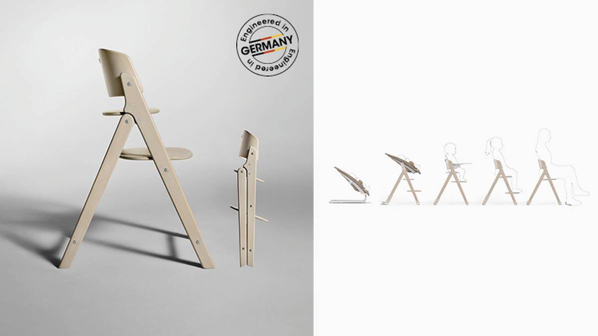 Hochstuhl aus Holz mit verstellbarem Design, in der Seitenansicht und zusammengeklappt. Diagramm veranschaulicht Wachstumsphasen. „Engineered in Germany“-Abzeichen ist abgebildet.