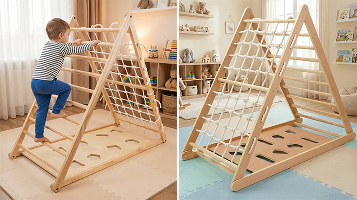 Kind klettert an einem hölzernen Indoor-Spielgerät mit Seilnetz; zweite Ansicht zeigt das Spielgerät in einer Kindertagesstätte.