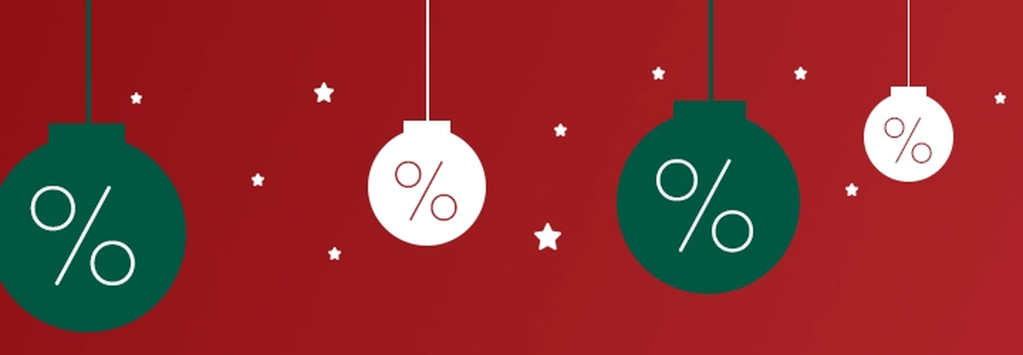 Weihnachtliche Grafik: Roter Hintergrund mit hängenden grünen und weißen Ornamenten mit Prozentzeichen, umgeben von kleinen weißen Sternen.