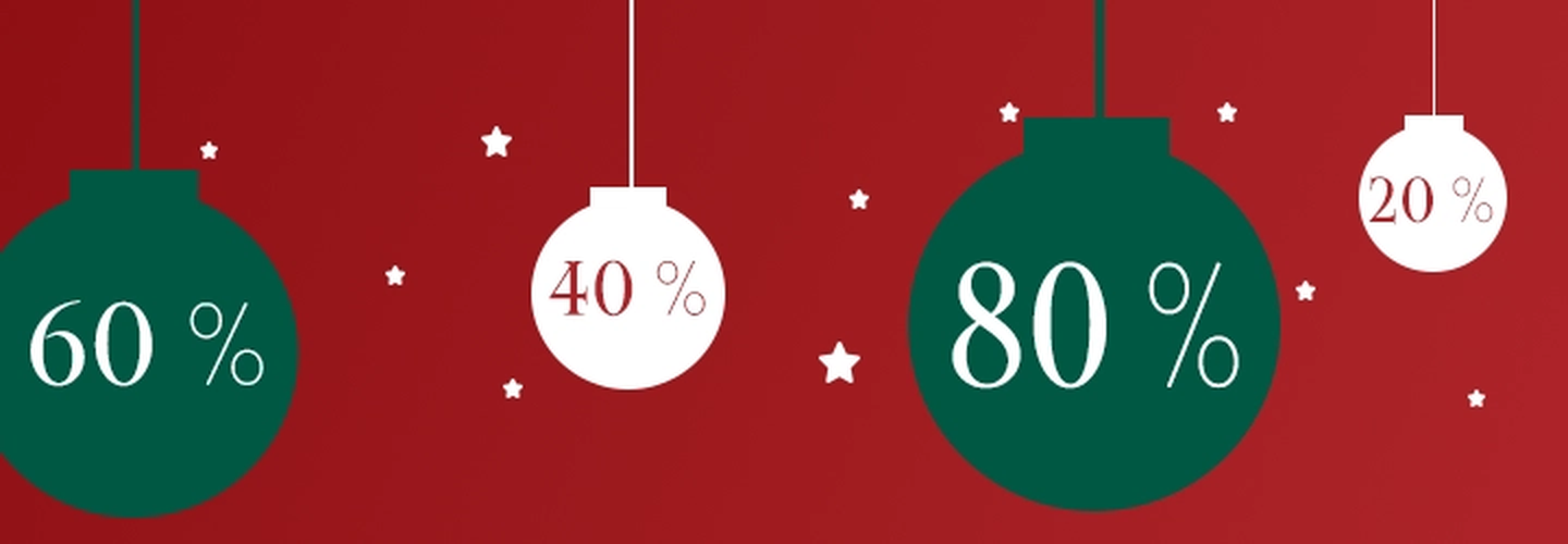 Rotes Weihnachtsbanner mit hängenden Ornamenten, die mit 60 %, 40 %, 80 % und 20 % beschriftet sind, sowie verstreuten weißen Sternen.