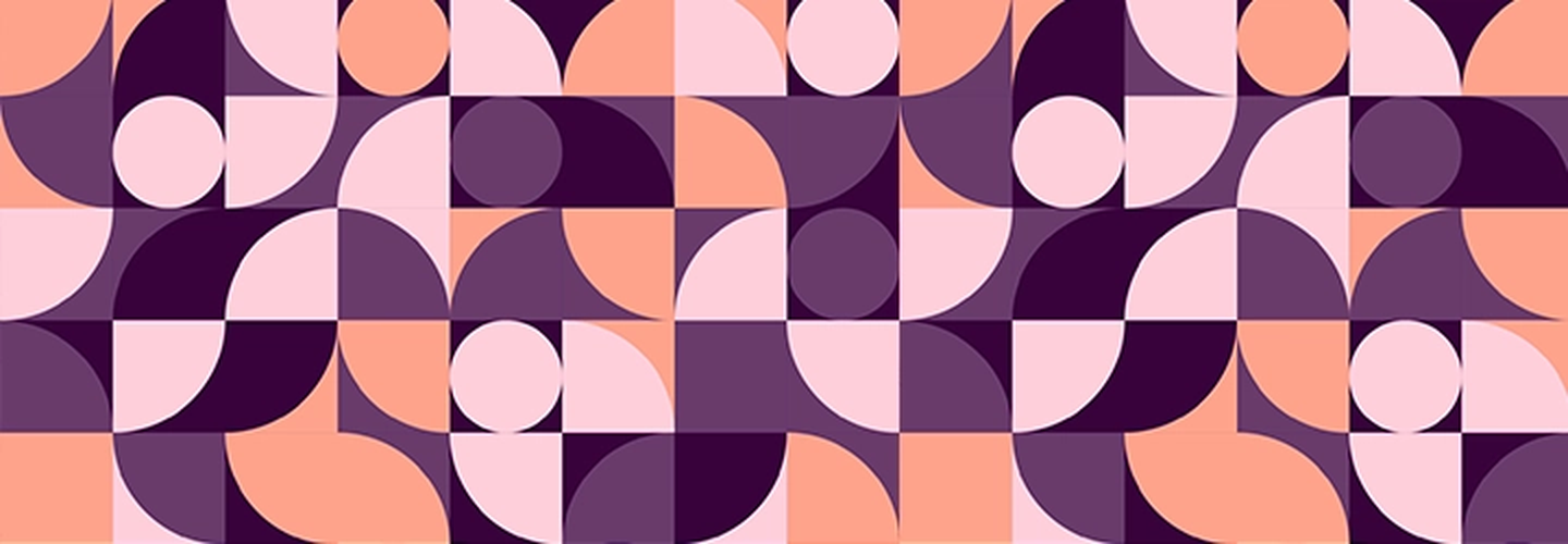 Abstraktes geometrisches Muster mit sich überlappenden Kreisen und geschwungenen Formen in Violett-, Rosa- und Pfirsichfarbtönen.