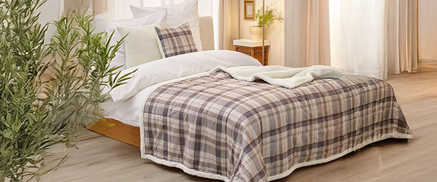 Gemütliches Schlafzimmer mit karierter Tagesdecke, Holzboden, Topfpflanzen und transparenten Vorhängen, die sanftes Tageslicht hereinlassen.