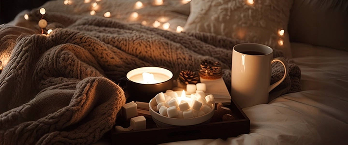 Gemütliche Szene mit einer warmen Decke, brennenden Kerzen, Lichterketten, einer Tasse und Marshmallows auf einem Bett, die eine entspannte Atmosphäre schaffen.