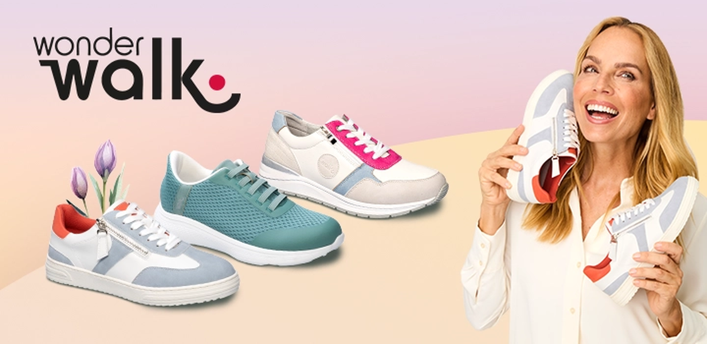 Frau lächelt und hält einen Sneaker aus einer Sammlung bunter Sneaker in der Hand, die ausgestellt sind, mit dem „Wonder Walk“-Logo auf der linken Seite. Tulpenillustrationen schmücken die Szene.