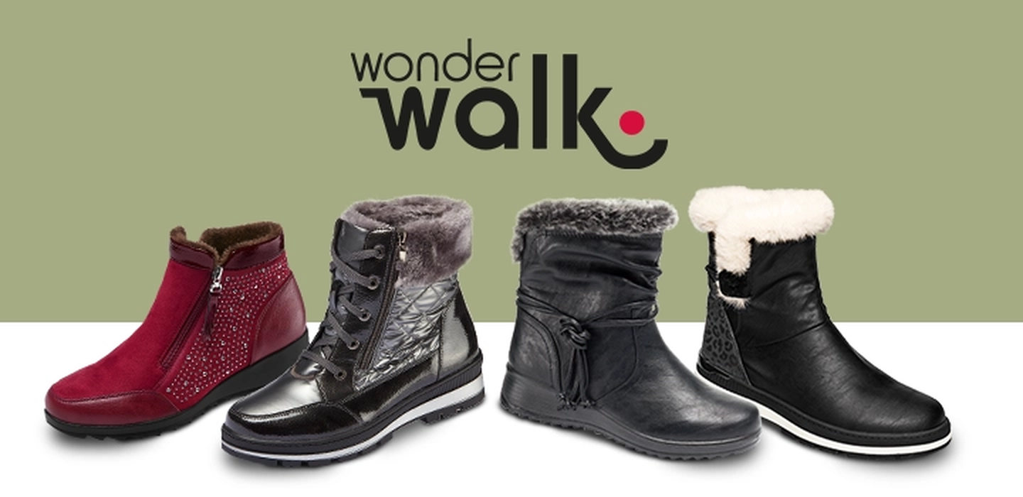 Vier Paar Winterstiefel in verschiedenen Stilen und Farben, präsentiert auf einem zweifarbigen Hintergrund mit dem „Wonder Walk“-Logo auf der linken Seite.